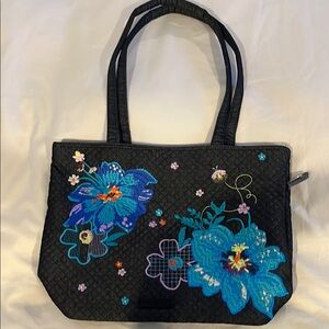 Vera Bradley Black and Blue denim Floral appliqué Tote EUC